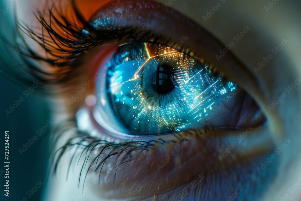 Poster the eye in this image becomes a universe of its own, reflecting a mesmerizing web of digital connect