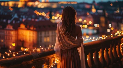Foto op Canvas A lady at rooftop with beautiful view of historic buildings in the city of Prague, Czech Republic in Europe. © Joyce
