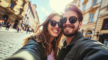 Young couple taking selfie in street with historic buildings in the city of Prague, Czech Republic in Europe.