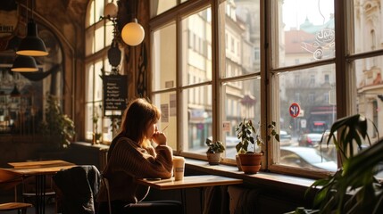 A lady sit in a coffee shop with street view of historic buildings in the city of Prague, Czech Republic in Europe.