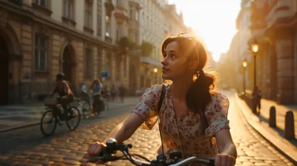  Young traveler riding a bike in street with historic buildings in the city of Prague, Czech Republic in Europe. © Joyce