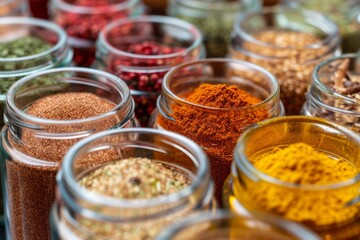Rows of glass jars showcase a vibrant mosaic of spices, each a promise of flavor and aroma to enhance culinary creations.