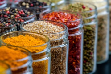 Rows of colorful spices in clear jars display a vibrant tapestry of flavors waiting to enhance countless recipes and dishes.