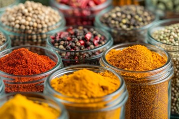 Assorted spices in jars display vibrant colors and textures, teasing the senses with hints of culinary adventures and flavorful dishes.