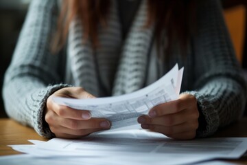 In a cozy setting, a person is engrossed in reviewing documents, possibly sorting through important paperwork or preparing for a busy day ahead.
