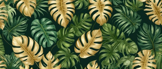 Green palm leaf pattern with golden accents, perfect for luxurious summer designs.