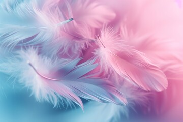 Gentle feathers float, their soft hues of pink and blue merge like whispers of a dreamy sky at dawn, exuding tranquility and grace.