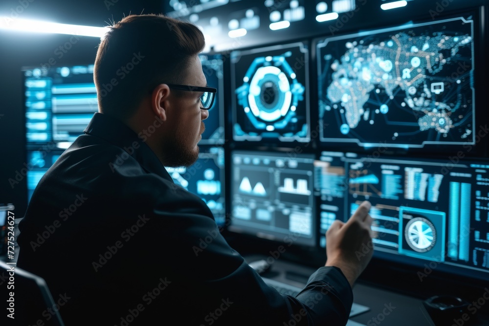 Poster a man in a dark room intently monitors multiple screens displaying advanced data visualizations and 