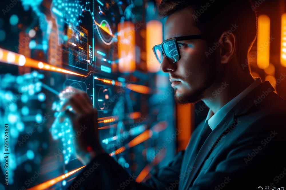 Aufkleber a man interacts with futuristic holographic displays, analyzing complex data in a scene reminiscent 