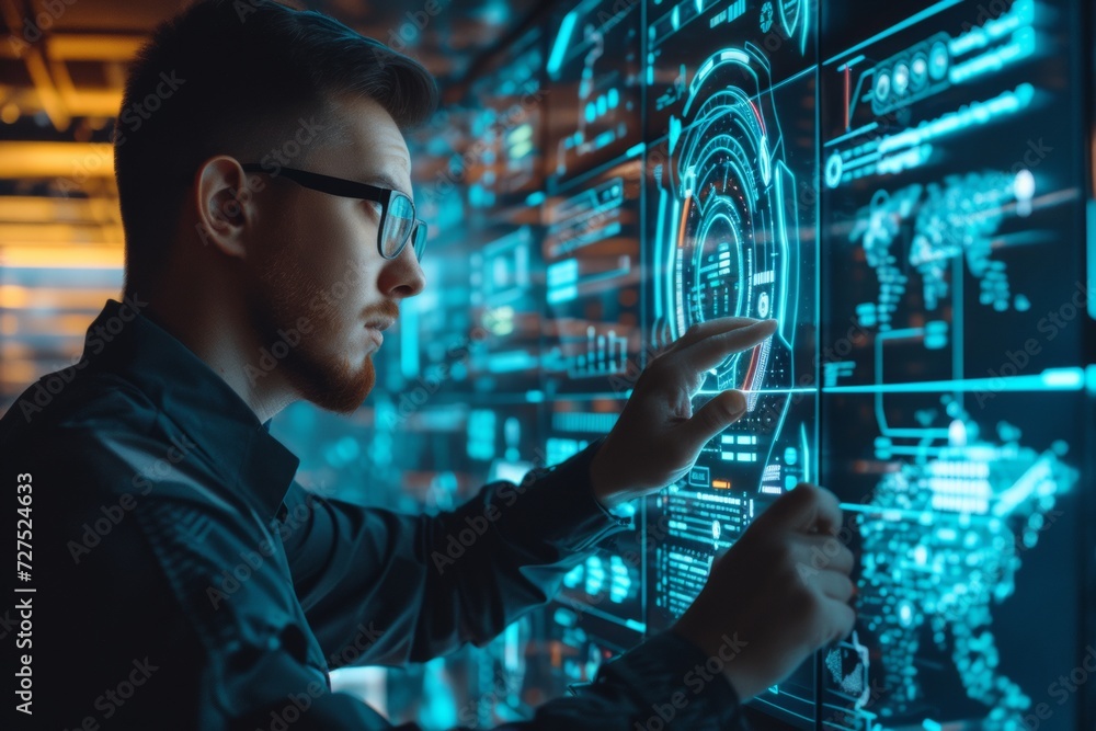 Poster a focused individual interacts with a futuristic holographic interface, showcasing advanced technolo