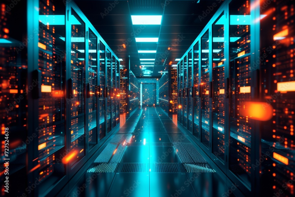 Poster rows of servers glow with a cybernetic blue, throbbing with the rhythm of data flowing through a mod