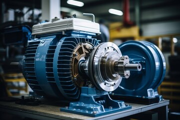 Close-up view of a powerful electric motor in an industrial setting, surrounded by various mechanical parts and tools under the harsh fluorescent lights - obrazy, fototapety, plakaty