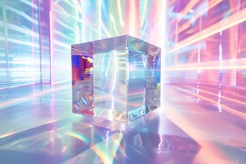 A crystal cube refracts a symphony of neon lights, creating a kaleidoscope of colors on a glossy surface, dancing with every angle.