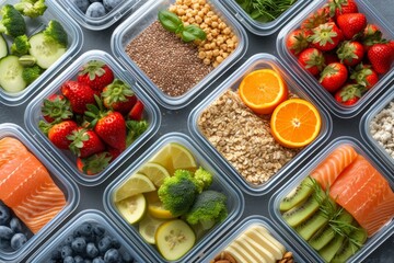 Healthy meal prep containers with salmon, fruits, veggies, berries, and grains showcase a vibrant array of nutritious options for balanced eating.