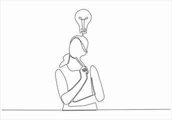 continuous line drawing of a woman looking for ideas. Vector illustration