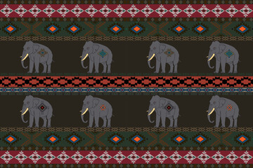 Native American jewelry Southwestern Ethnic Decoration Boho Geometric Jewelry Vector seamless pattern mexican blanket rug Illustration of a woven rug with the image of an elephant.