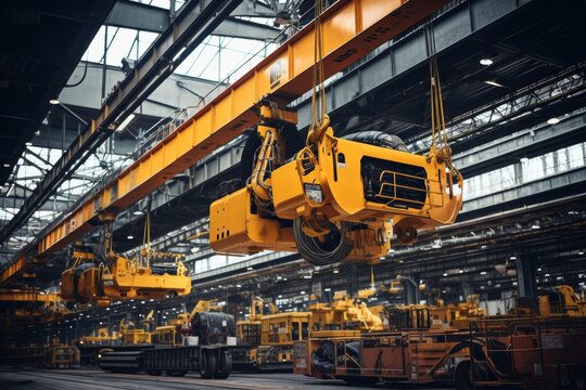 A Massive Overhead Crane Hook Suspended in Mid-Air at a Bustling Industrial Site, Symbolizing the Power of Heavy Machinery