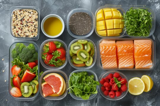 This image showcases a colorful array of healthy meal prep containers filled with fruits, vegetables, grains, and salmon, promoting a balanced diet.