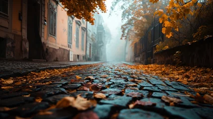  Low angle view of street in Autumn with historical buildings in Prague city in Czech Republic in Europe. © Joyce