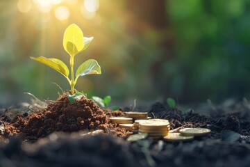 A young plant emerges among coins, symbolizing growth and the potential return on investment in the nurturing soil of opportunity.