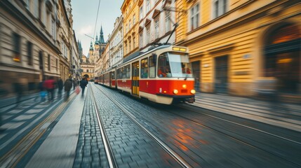 Obraz premium A tram in the street of Prague. Czech Republic in Europe.