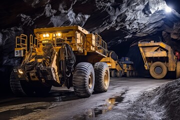 A Continuous Miner Machine in Action, Cutting Through the Rock in an Underground Mine with a Network of Tunnels in the Background