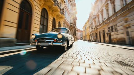 Vintage car in the street of Prague. Czech Republic in Europe.