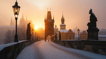 Tableaux ronds sur aluminium brossé Pont Charles A winter morning of Charles Bridge with snow and historic buildings in the city of Prague, Czech Republic in Europe.