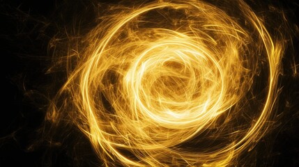 Yellow energy swirls in abstract circles against a deep black background. Ai Generated