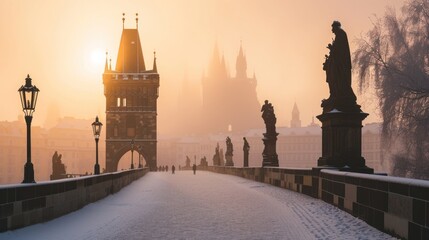 Naklejka premium A winter morning of Charles Bridge with snow and historic buildings in the city of Prague, Czech Republic in Europe.