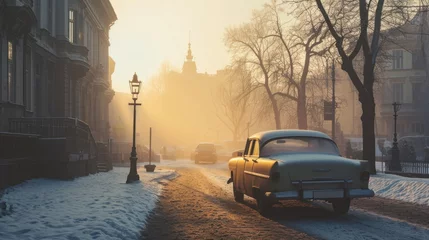 Poster Vintage car in the street of Prague in winter. Czech Republic in Europe. © Joyce