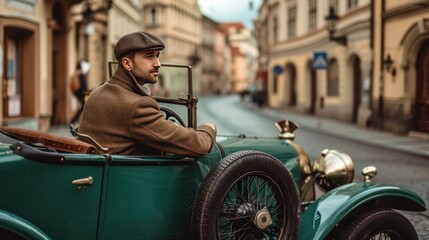 A driver in vintage car in the street of Prague. Czech Republic in Europe.