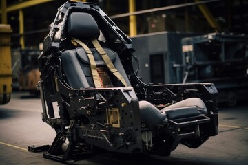 A Detailed View of an Ejection Seat Primarily Used in Military Aircraft, Set Against the Intricate Industrial Background of an Aviation Hangar - obrazy, fototapety, plakaty