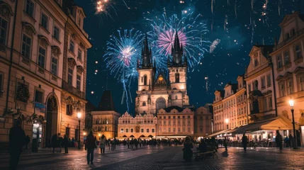Poster Fireworks show with beautiful historical buildings of Prague city in Czech Republic in Europe. © Joyce