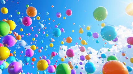 Colorful balls soar through the air against a serene blue sky in this captivating background. Ai Generated