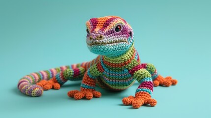Crocheted lizard toy vibrant backdrop, handcrafted and adorable, Ai Generated