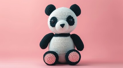 Crocheted panda toy vibrant backdrop, handcrafted and adorable, Ai Generated