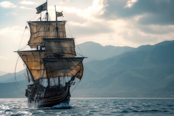 A majestic tall ship sails the high seas, its Jolly Roger flag hinting at a bygone era of swashbuckling pirates and treasure hunts.
