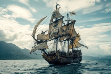 A majestic pirate ship, sails billowing, cuts through the waves, ready to write legends in the mist of the untamed sea.