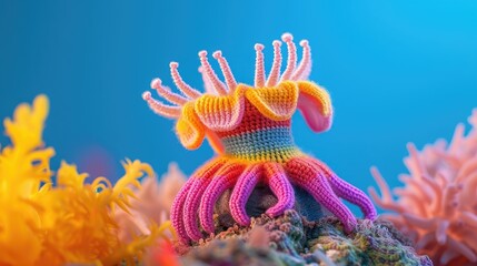 Fototapeta na wymiar Crocheted sea anemone toy vibrant backdrop, handcrafted and adorable, Ai Generated