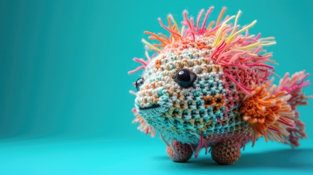 Crocheted porcupinefish toy vibrant backdrop, handcrafted and adorable, Ai Generated