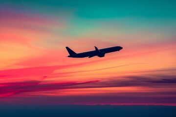 Fototapeta premium An airplane soars across a stunning gradient of sunset hues, painting a serene end to a day's journey across the skies.