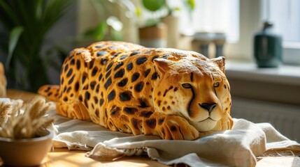 Unique bread loaf resembling an cheetah resting on a wooden table, Ai Generated