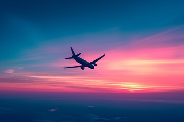 An aircraft soars through a sherbet-colored sky, its silhouette etched against the radiant hues of a waning sunset.