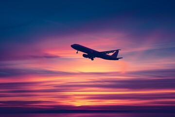 Fototapeta na wymiar An airplane soars above, silhouetted against a vibrant canvas of sunset hues, painting a serene moment of travel in the skies.