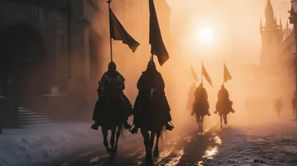 Gordijnen A team of medieval cavalry in armor on horseback marching in Prague city in Czech Republic in Europe. © Joyce