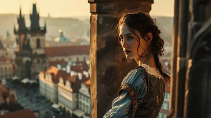 Portrait of Medieval woman in balcony with rooftop view of Prague city in Czech Republic in Europe. © Joyce