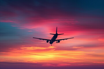 Fototapeta na wymiar An airplane glides through a breathtaking sunset, painting the sky with hues of pink and orange as it embarks on its journey.