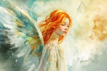 Amidst a watercolor dreamscape, a pensive angel with delicate wings and auburn hair contemplates the ethereal beauty of her otherworldly domain. - obrazy, fototapety, plakaty