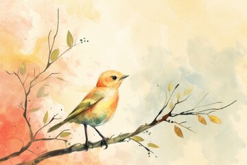 Obraz premium Perched delicately on a slender branch, the watercolor bird is a symphony of warm hues, echoing the gentle whisper of an early autumn breeze.